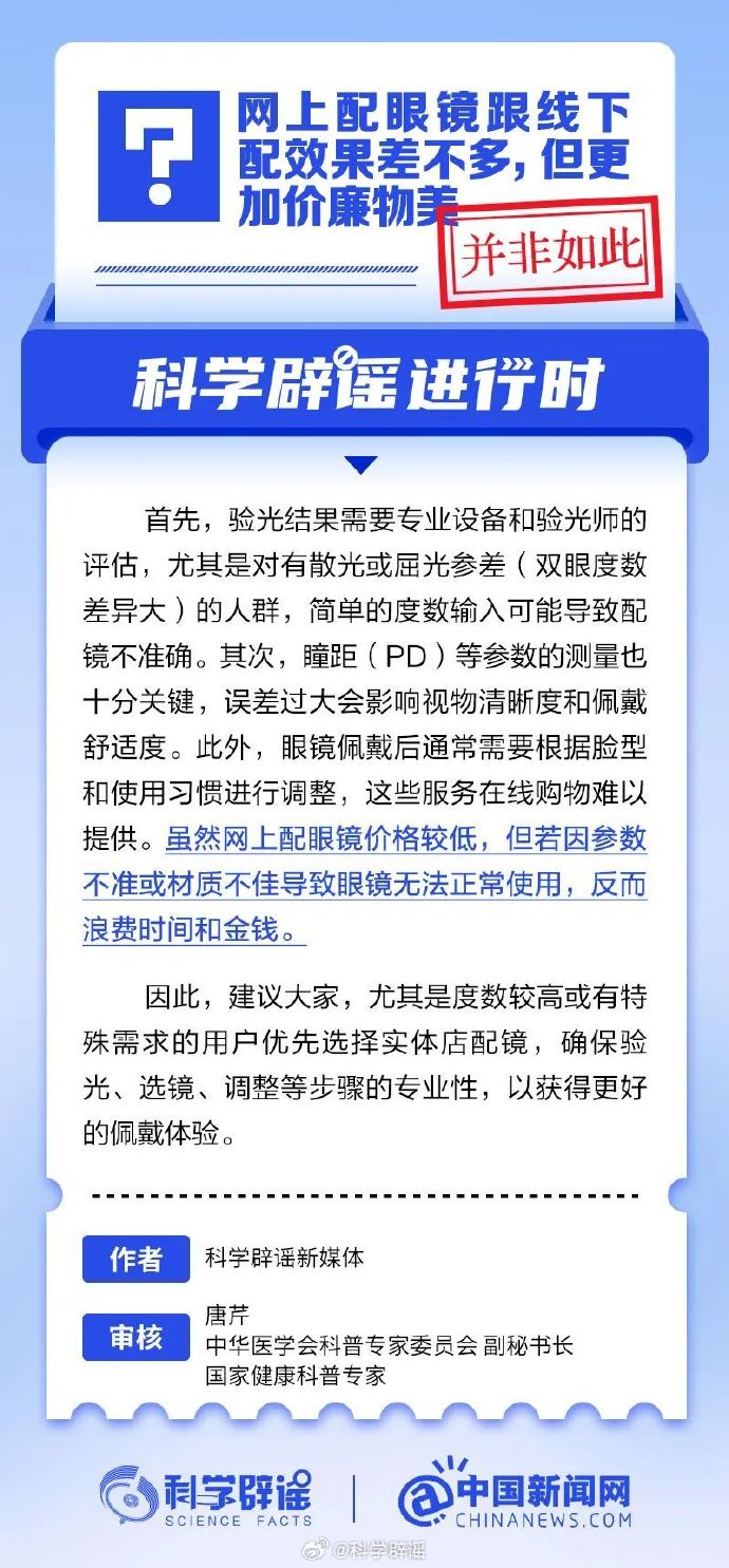 网络谣言每日辟谣（2024117：网上配眼镜跟线下配效果差不多）(图1)